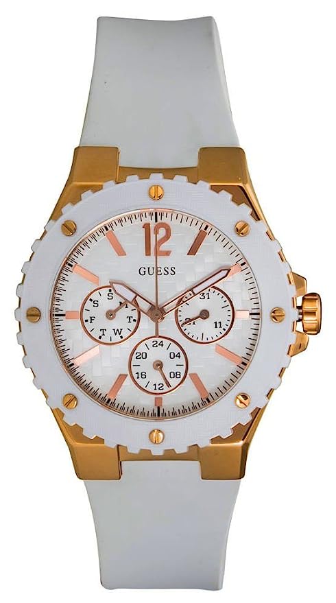 Guess Overdrive chronograph watch with white dial, rose gold bezel, and white rubber strap