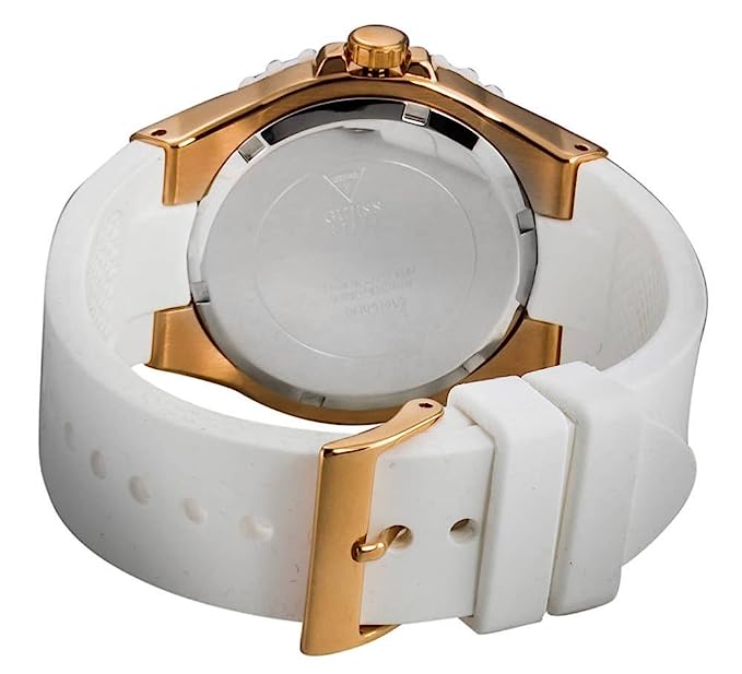 Caseback view of Guess Overdrive watch with crown and white rubber strap