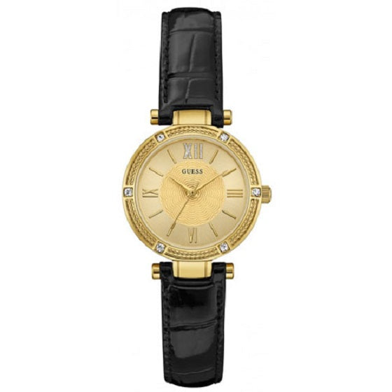 Guess Park Ave South ladies watch with gold dial, Roman numerals, crystal bezel, black leather strap