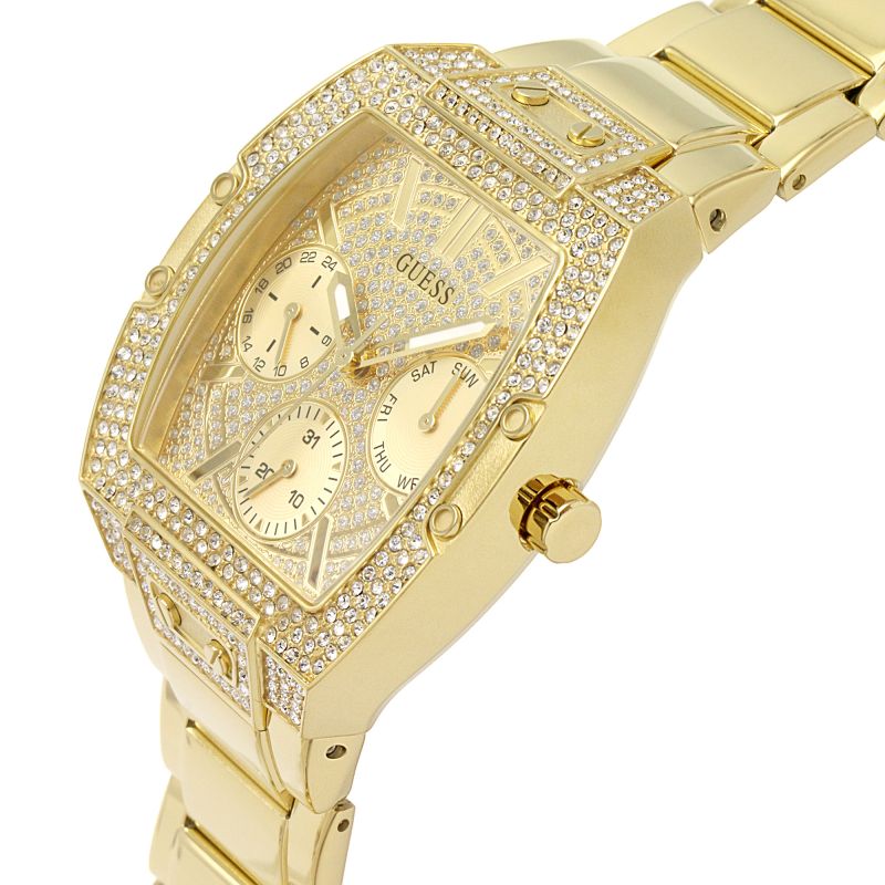 Side angle view of Guess women's watch showing crystal-paved case and gold-tone bracelet