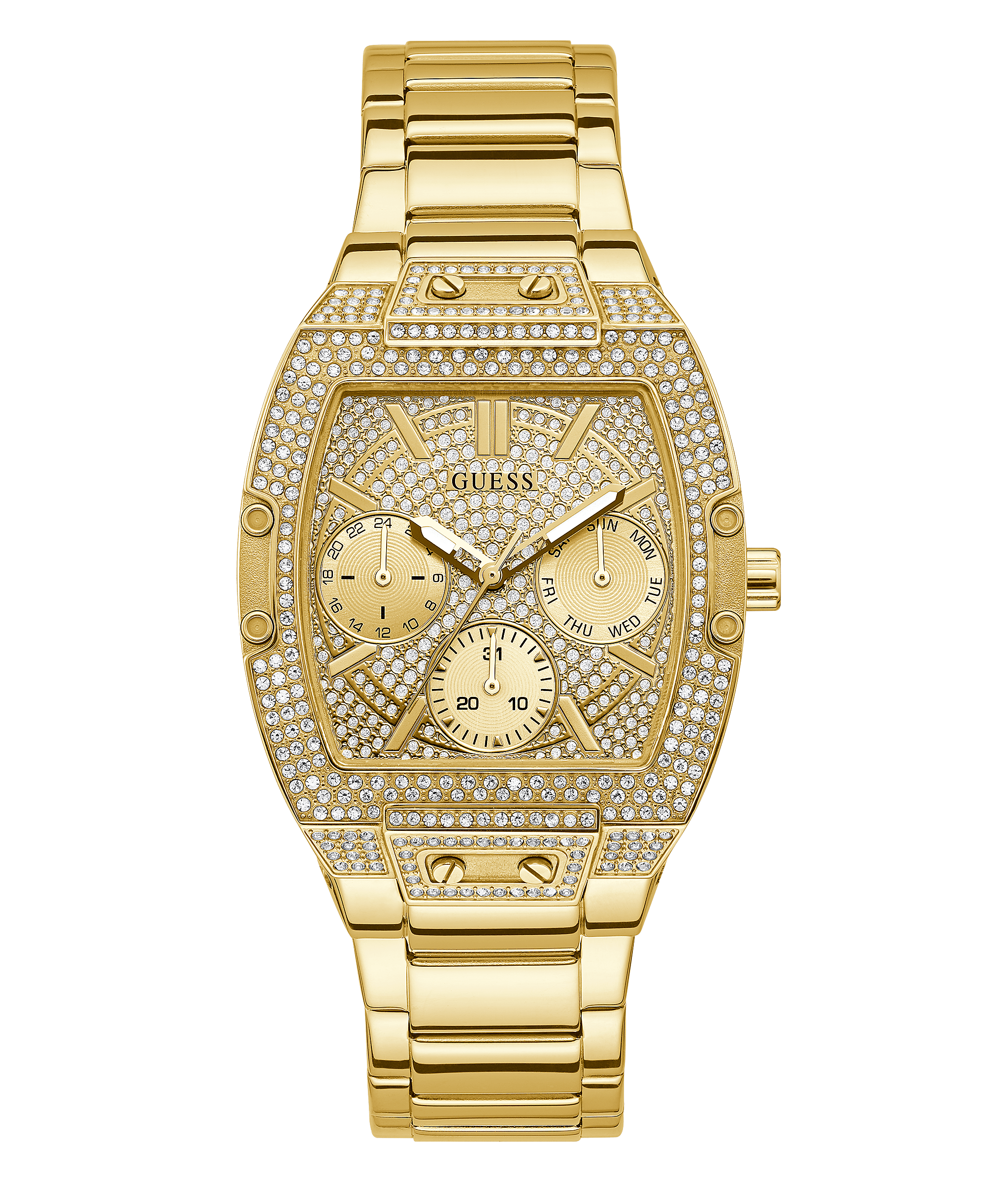 Guess Pave Gold Dial Women's Watch with crystal-paved bezel, champagne dial and gold-tone bracelet