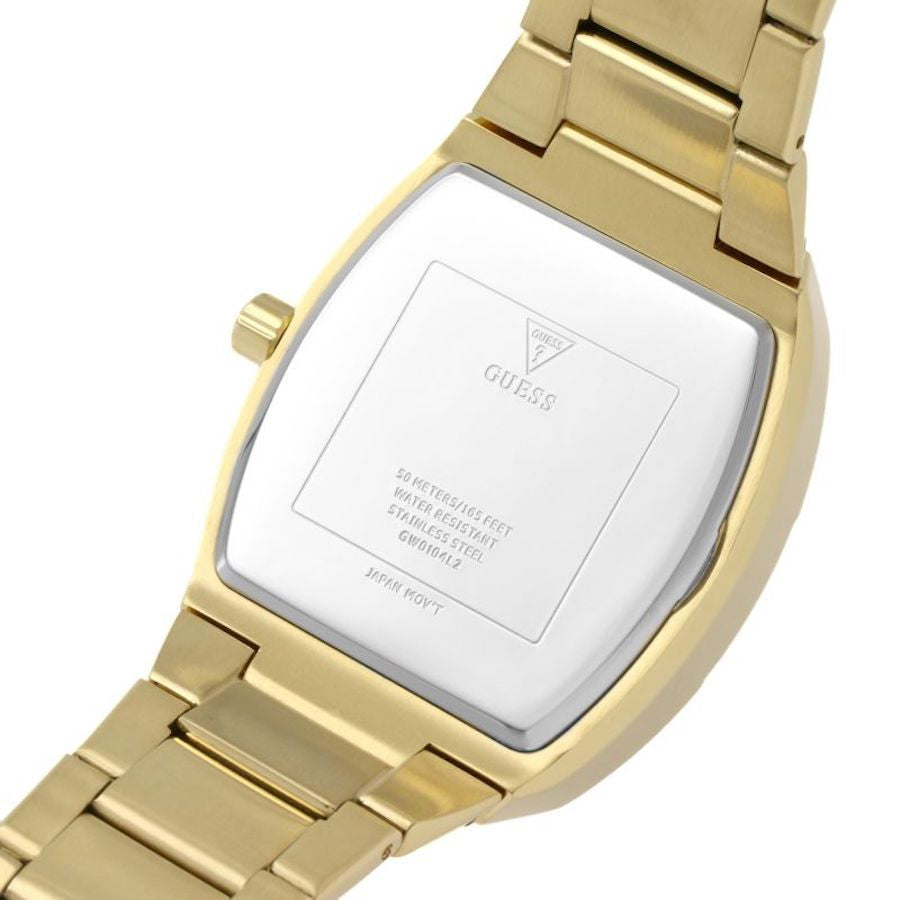 Caseback of Guess GW0104L2 women's watch showing engraved details and gold-tone case