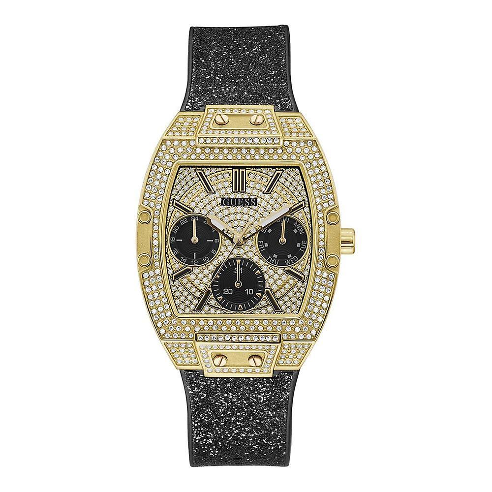 Guess Phoenix black glitter women's watch with gold-tone case, crystal-set bezel, and chronograph dial