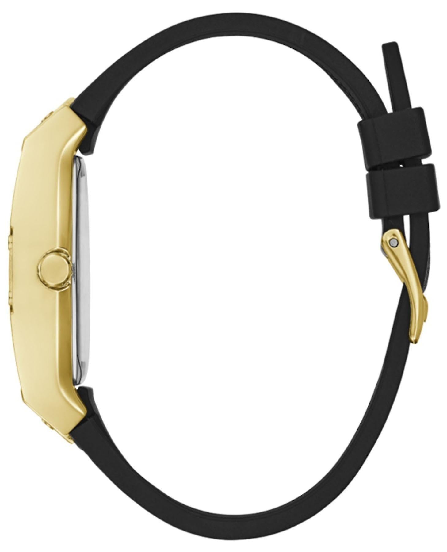 Guess Phoenix watch side view showing gold-tone case and black glitter strap