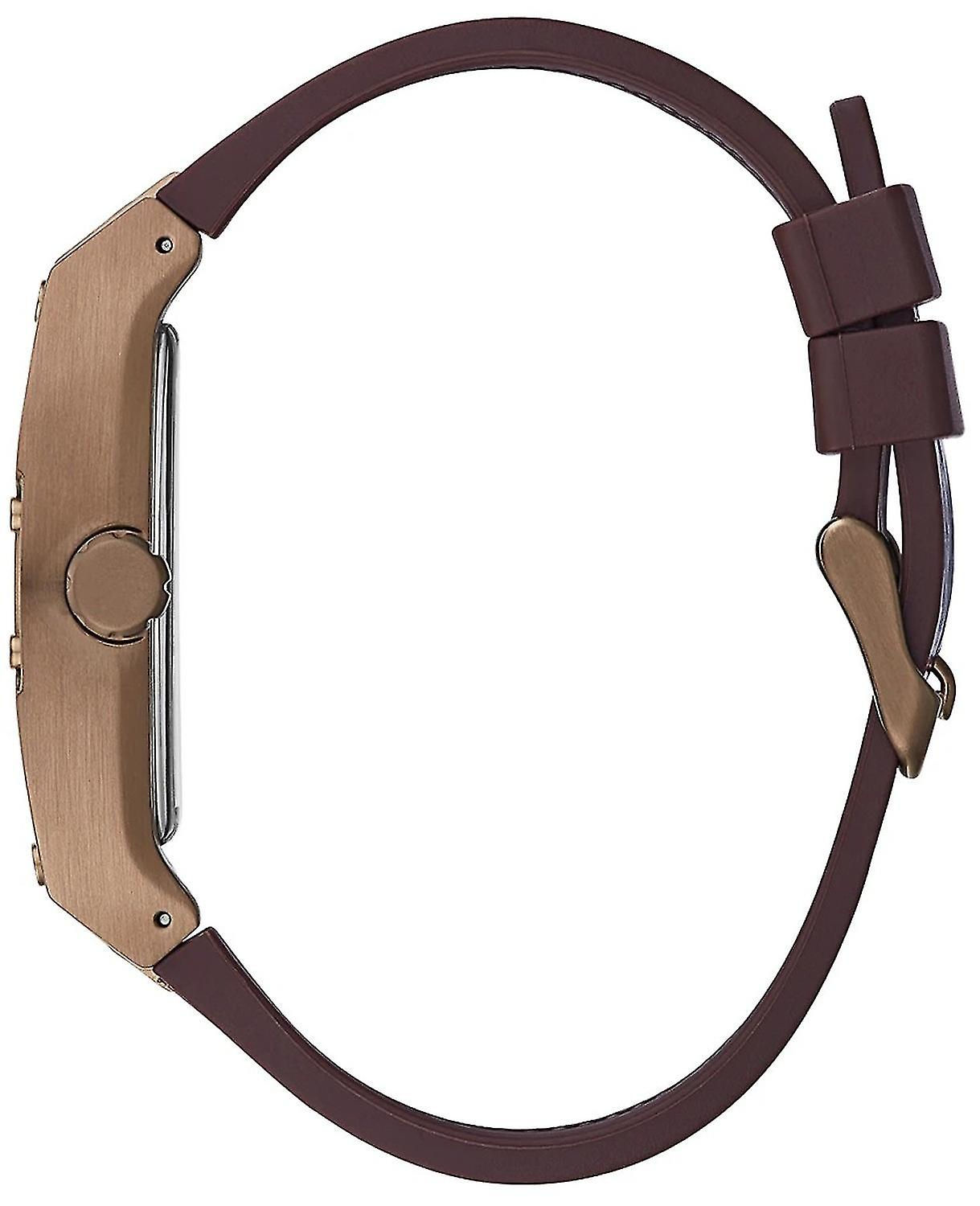 Guess Phoenix watch side view showing bronze case and brown leather strap