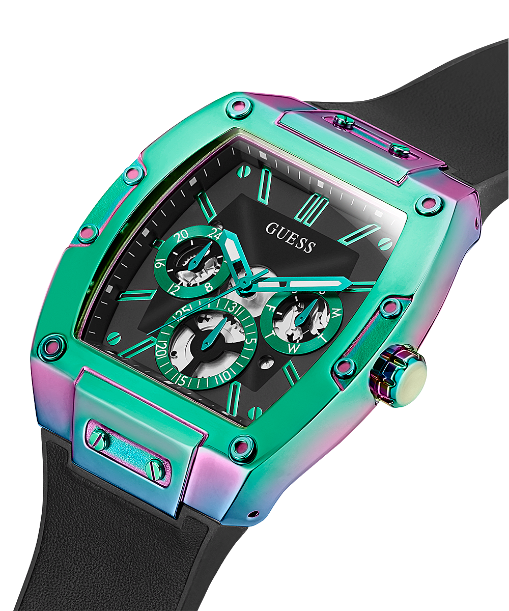 Guess Phoenix watch angled view showing turquoise and pink two-toned case with chronograph subdials