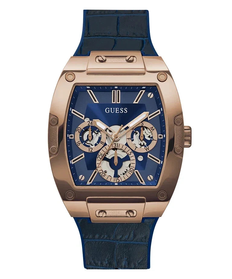 Guess Phoenix rose-gold watch with blue dial and blue silicone strap