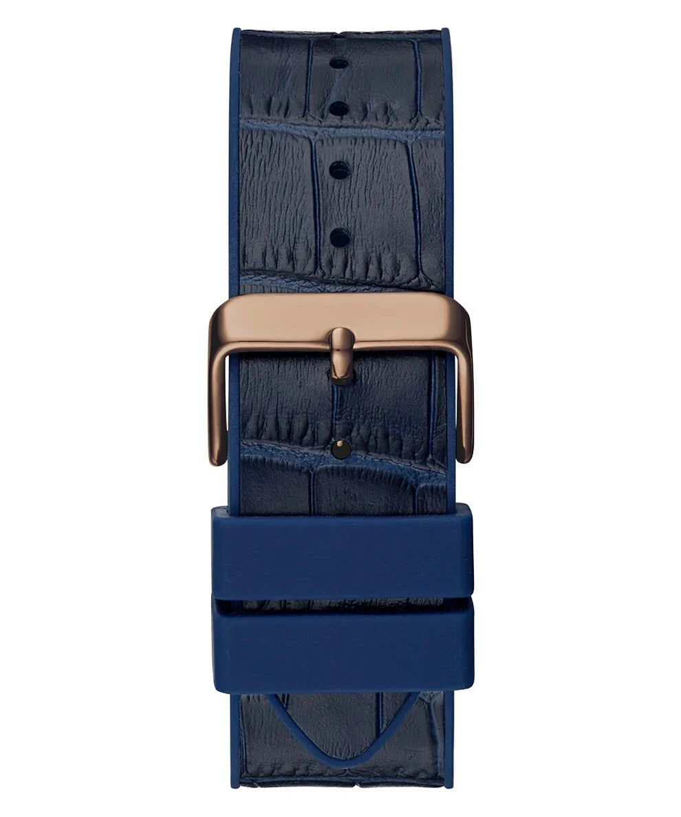 Guess Phoenix blue silicone strap with rose-gold buckle and texture detail