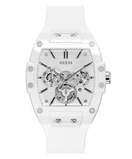 Guess Phoenix white silicone strap men's watch with skeleton dial and tonneau case