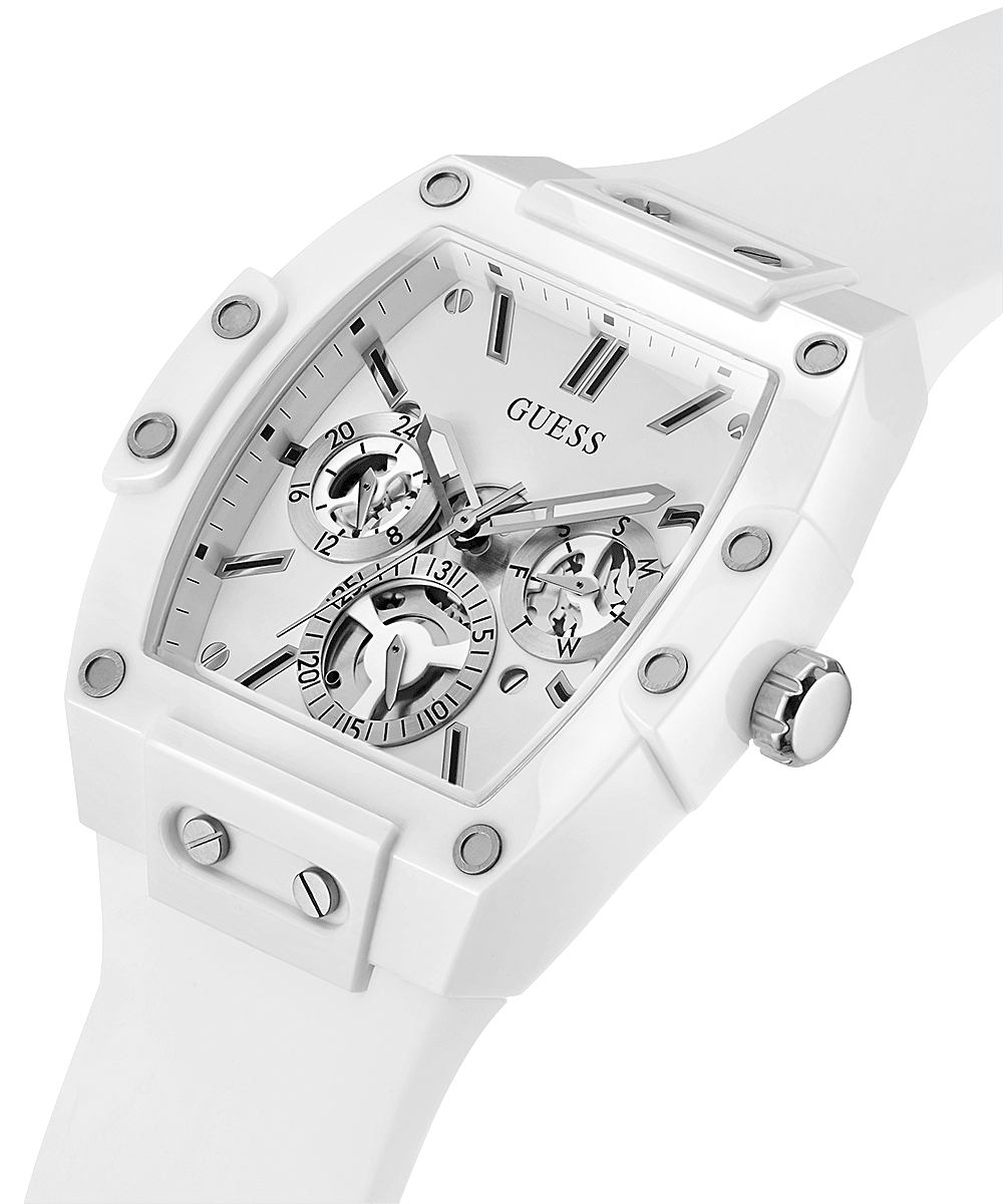 Guess Phoenix white watch on wrist showing tonneau case and silicone strap