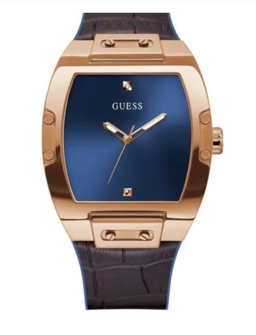 Guess Phoenix men's watch front view with blue rectangular dial and rose-tone case