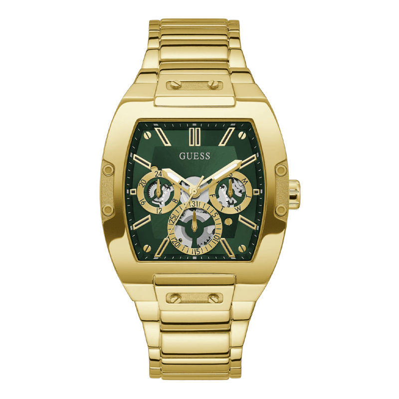 Guess Phoenix gold watch with green dial and multi-function chronograph subdials