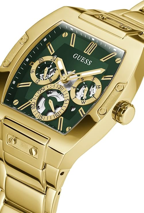 Side angle view of Guess Phoenix gold watch with green dial and exposed chronograph movement