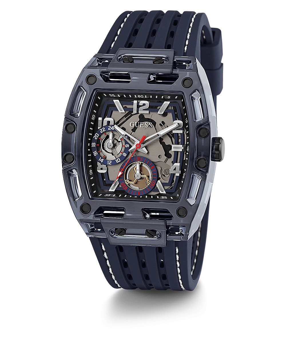 Guess Phoenix navy blue silicone men's watch with skeleton dial and gray case
