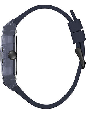 Guess Phoenix watch side view displaying navy silicone strap and case profile