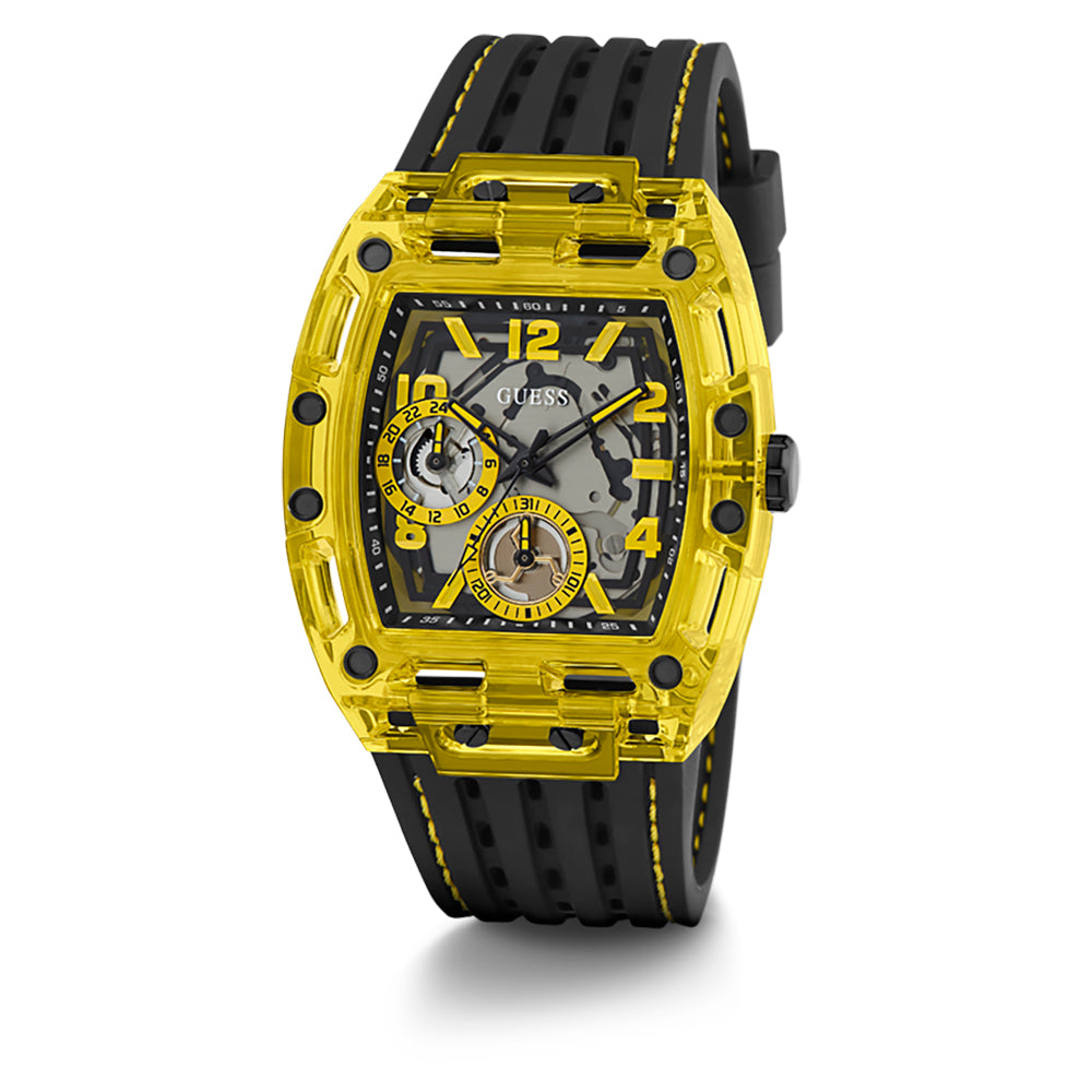 Guess Phoenix men's watch with yellow case, black silicone strap, and skeleton dial