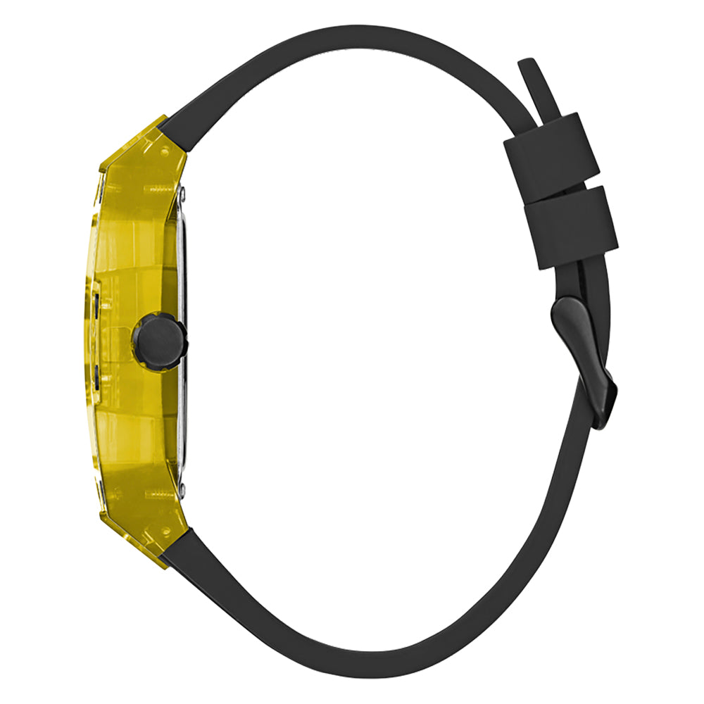 Side profile of Guess Phoenix watch showing yellow case and black silicone strap