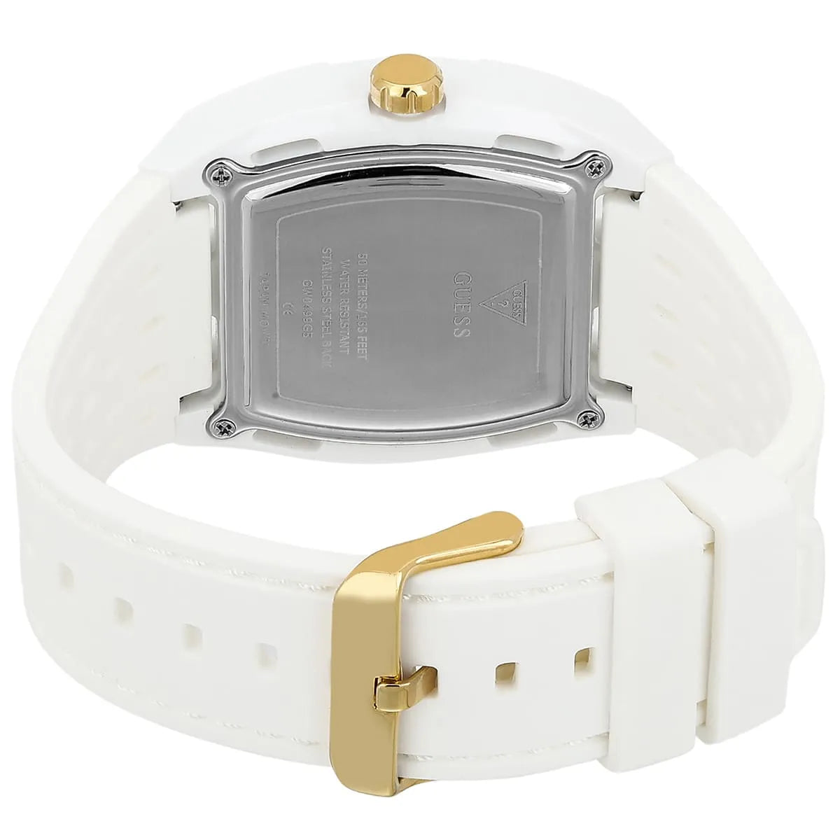 Guess Phoenix watch caseback showing steel case and white silicone strap with buckle