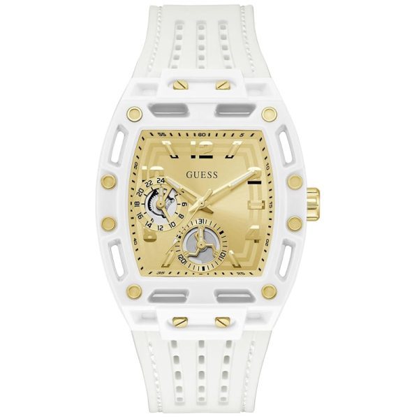 Guess Phoenix men's watch with square gold dial, white silicone strap, and dual subdials