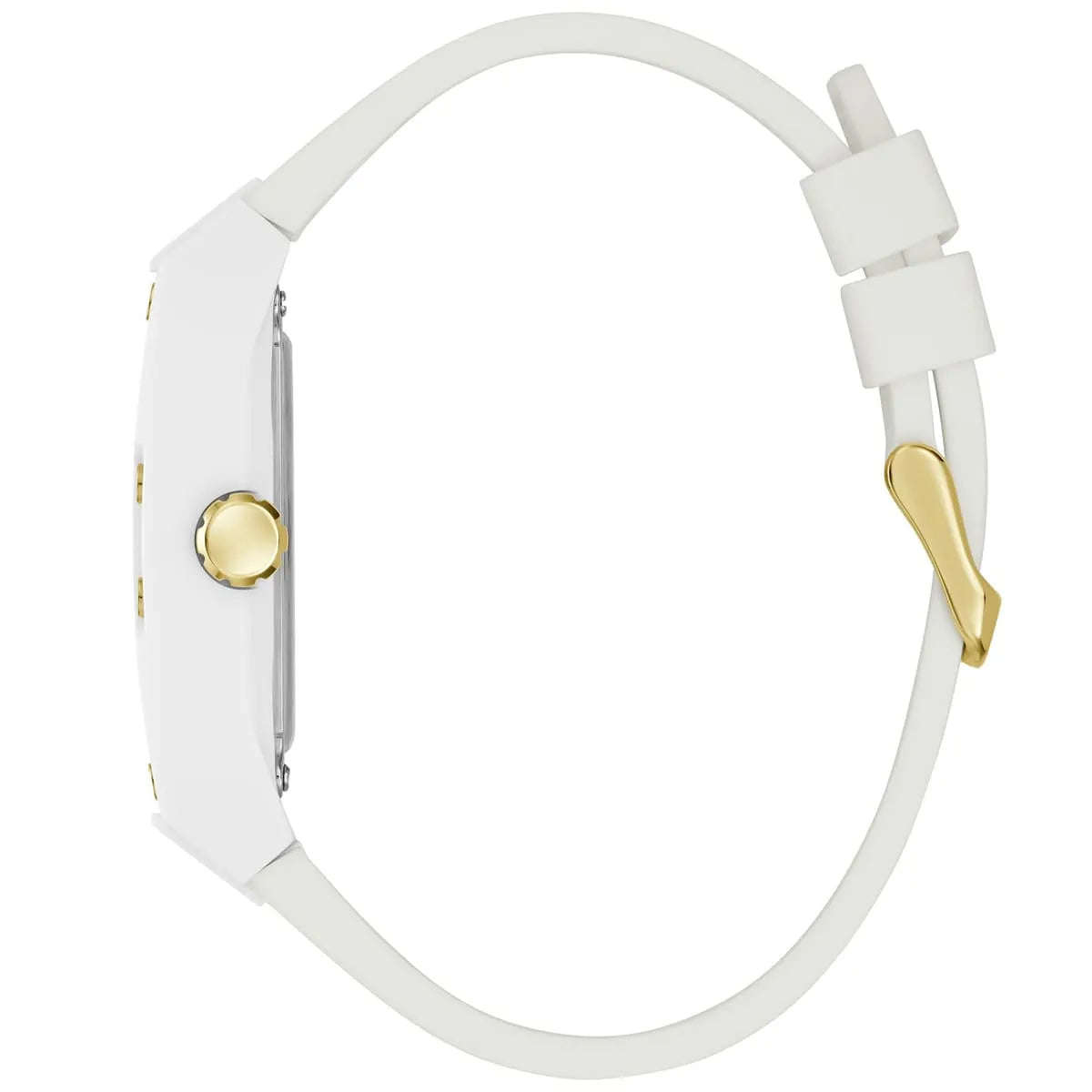 Guess Phoenix watch side view with gold crown and white strap with perforations