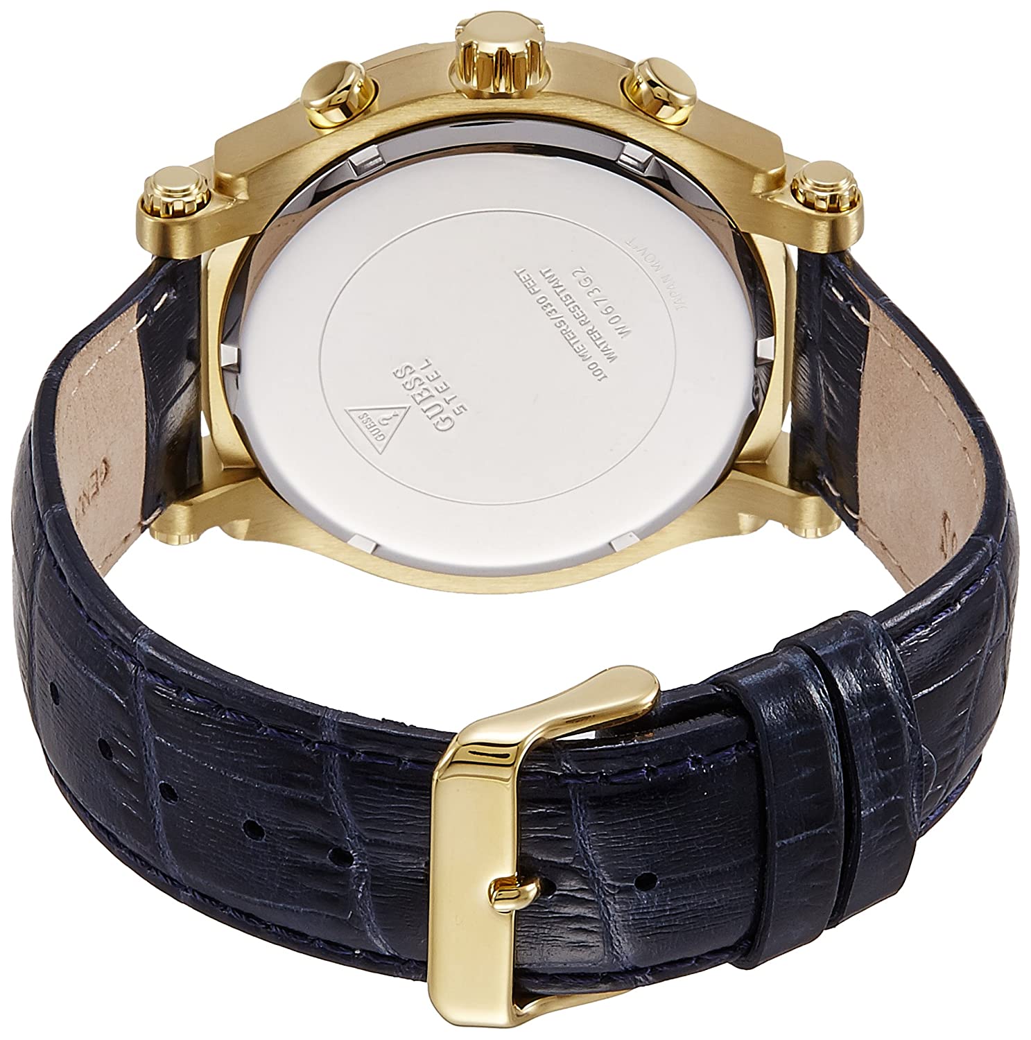 Caseback of Guess Pinnacle watch showing gold-tone case and black leather strap