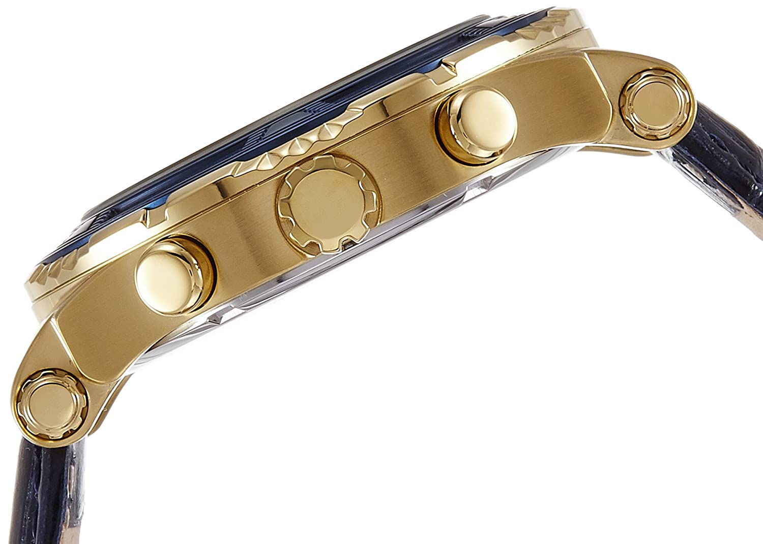 Side view of Guess Pinnacle watch displaying chronograph pushers and black leather strap