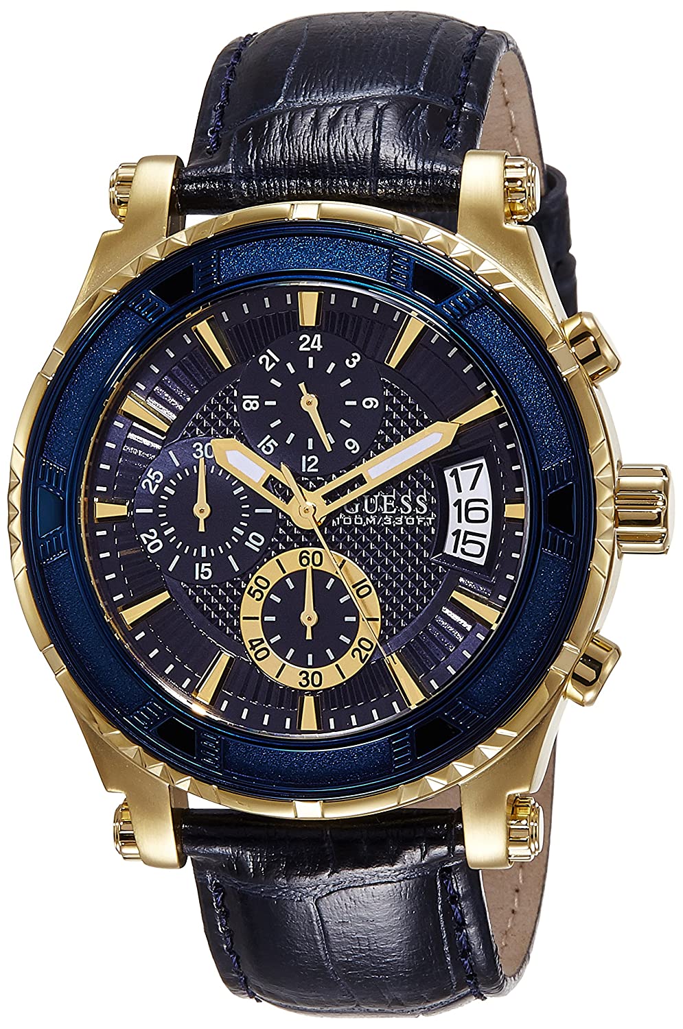 Guess Pinnacle Chronograph Quartz Men's Watch with gold-tone case, blue dial, and black leather strap