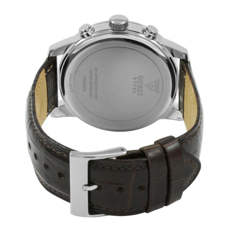 Guess Pursuit watch caseback showing silver case and black leather strap