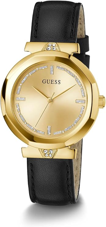 Guess Rumour women's watch at angle displaying gold dial with crystal hour markers
