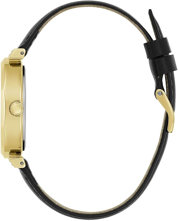 Guess Rumour watch side view showing gold case profile and black leather strap