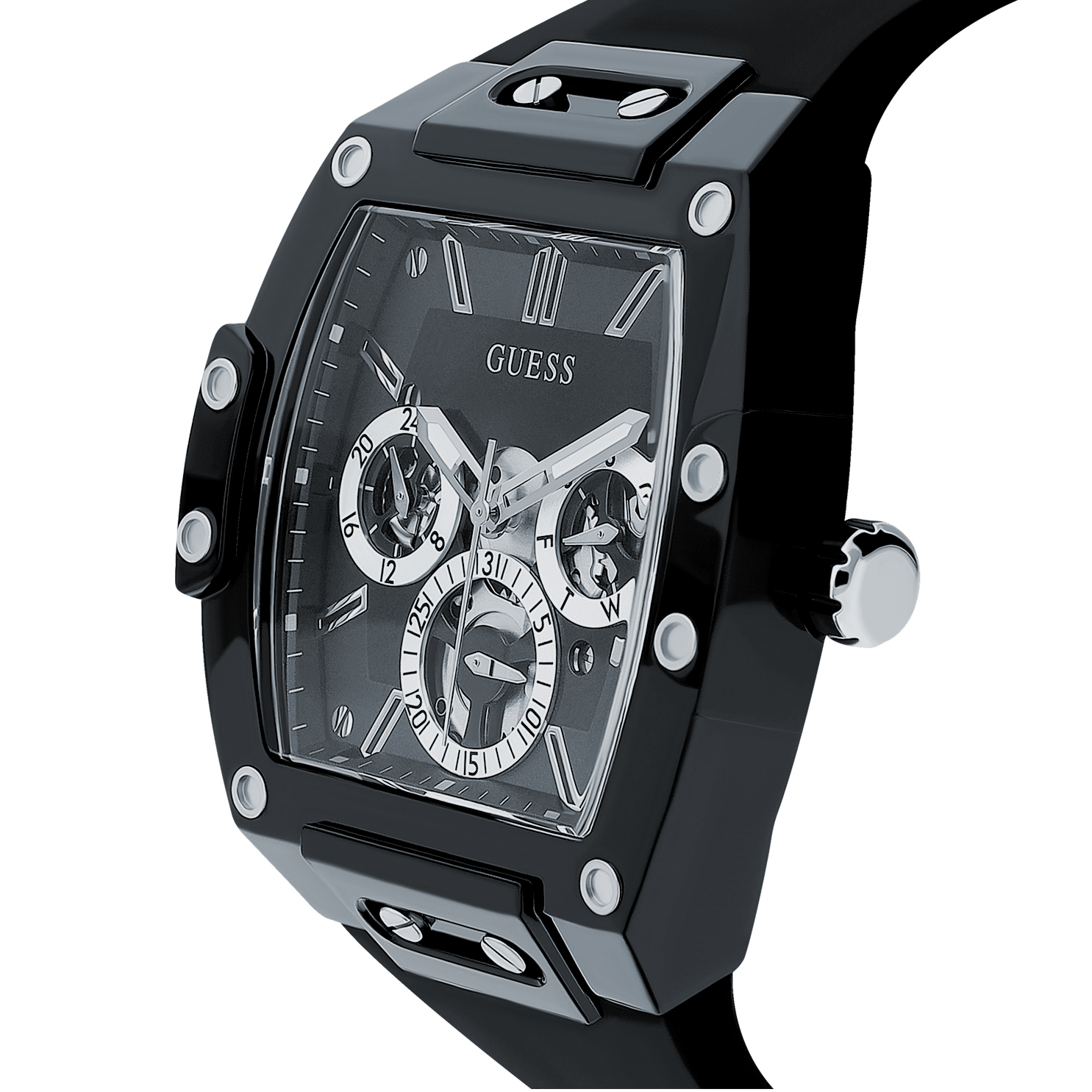 Guess Skeleton Black Dial Men's Watch GW0203G3 three-quarter angle showing black rubber strap and case details