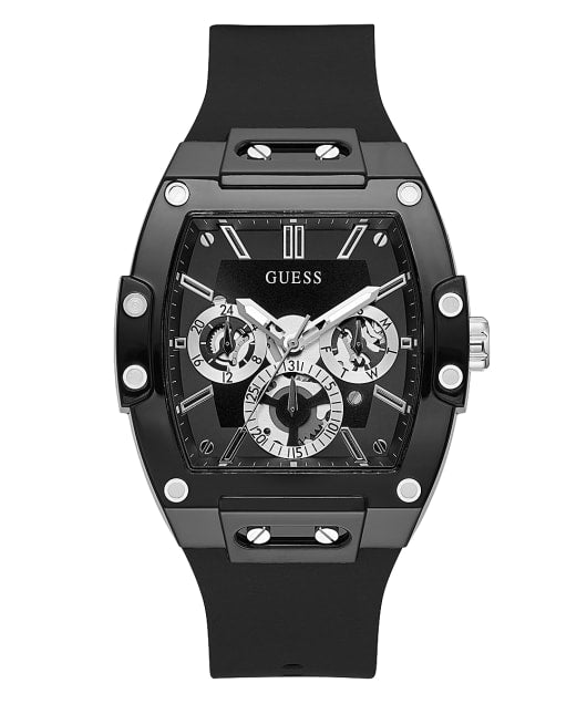 Guess Skeleton Black Dial Men's Watch GW0203G3 front view with tonneau case and skeleton dial