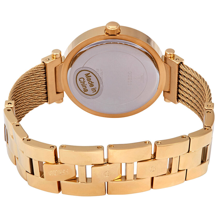 Guess Soho ladies watch caseback showing yellow gold PVD case back and link bracelet detail