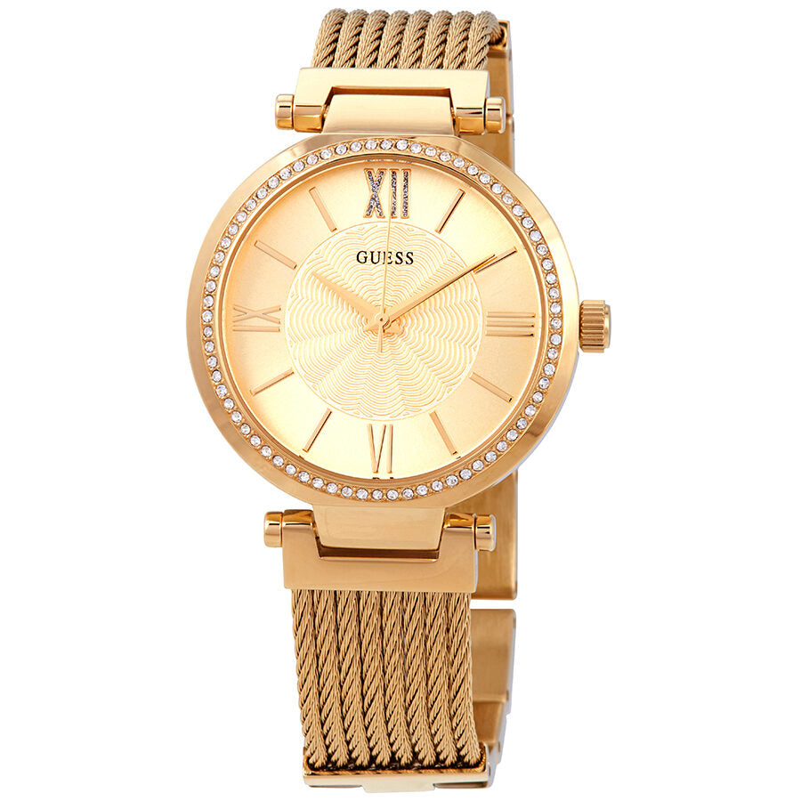 Guess Soho Crystal gold dial yellow gold PVD ladies watch with Roman numeral markers and crystal bezel