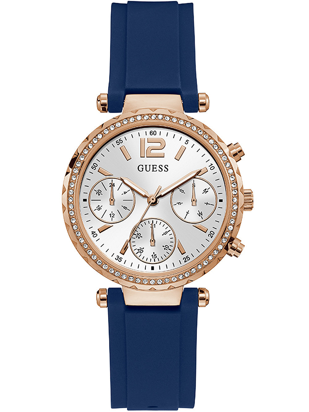 Guess Solstice rose gold chronograph watch with white dial and blue silicone strap