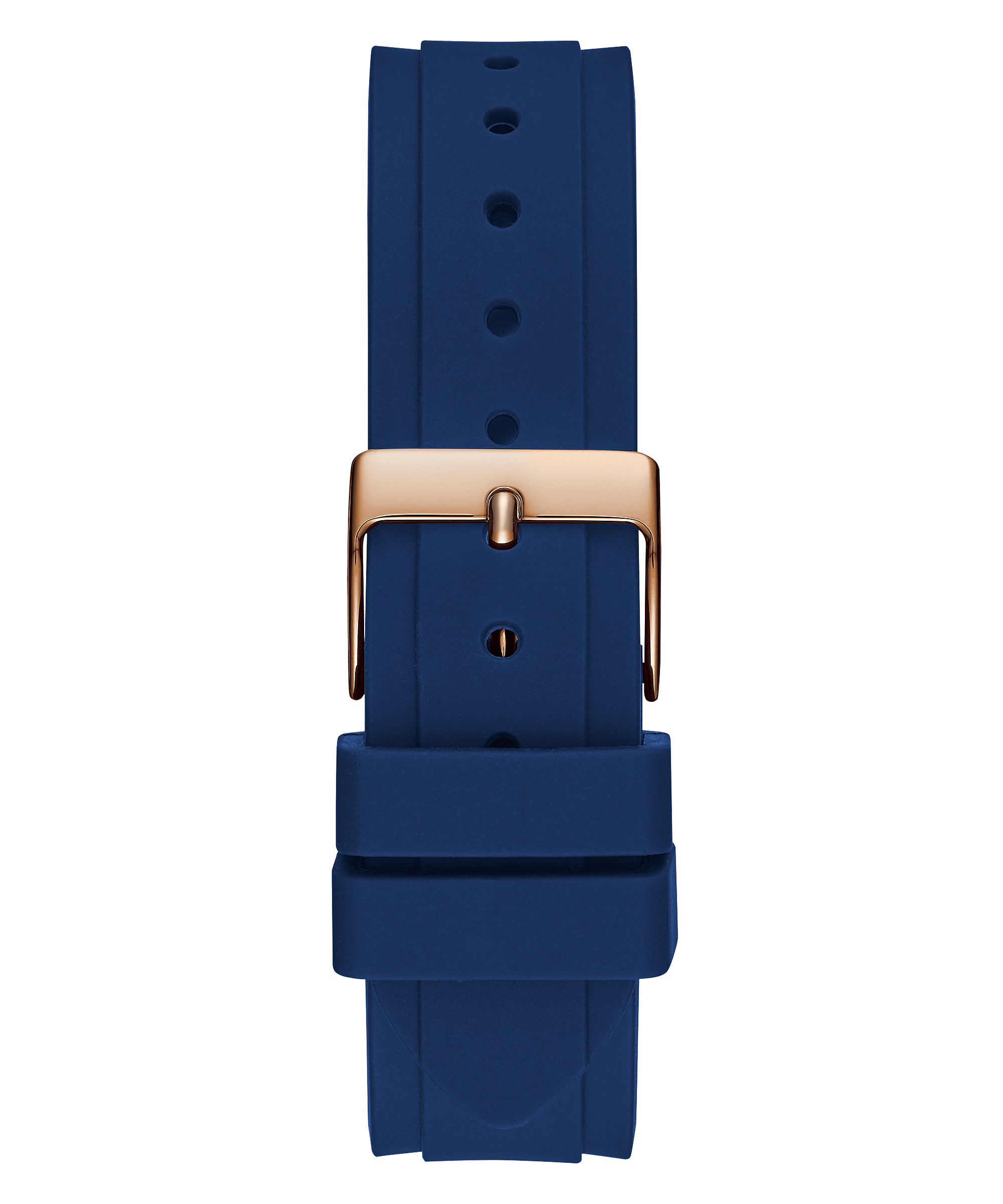 Guess Solstice blue silicone strap with rose gold buckle and adjustment holes