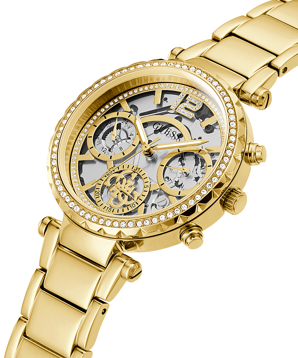 Angled view of Guess Solstice gold tone women's watch showing chronograph subdials and link bracelet