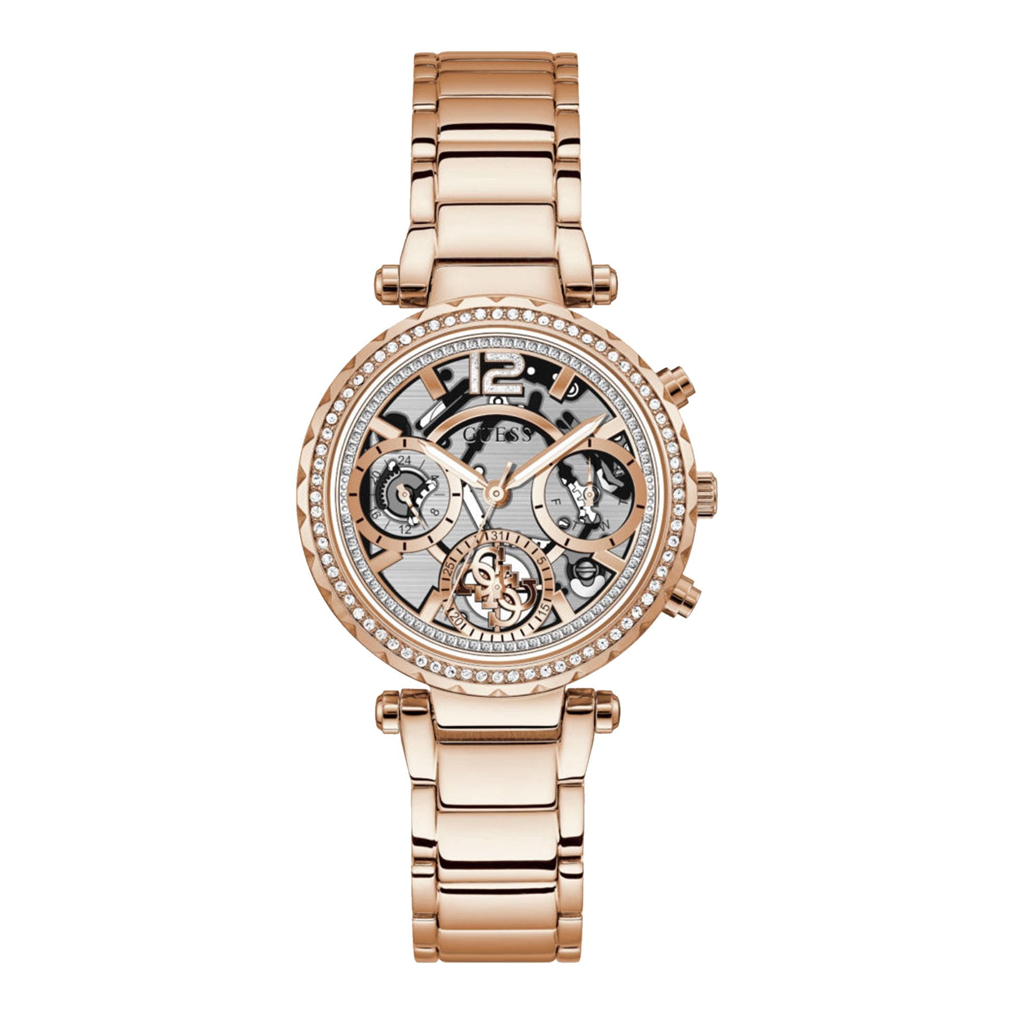 Guess Solstice rose gold women's chronograph watch with skeleton dial and crystal bezel