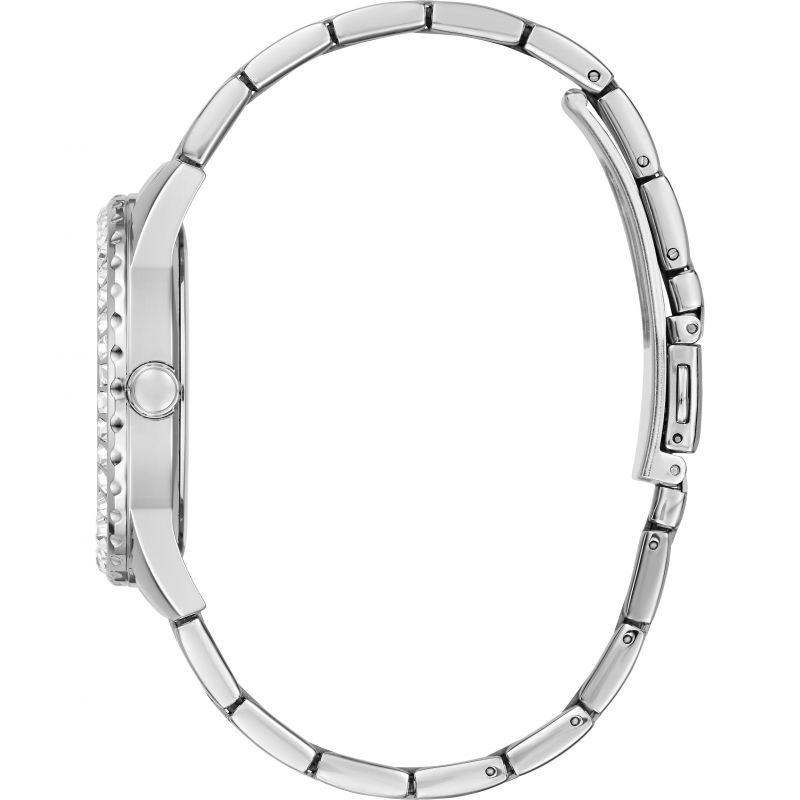 Side view of Guess Sparkler watch showing crystal bezel and stainless steel bracelet