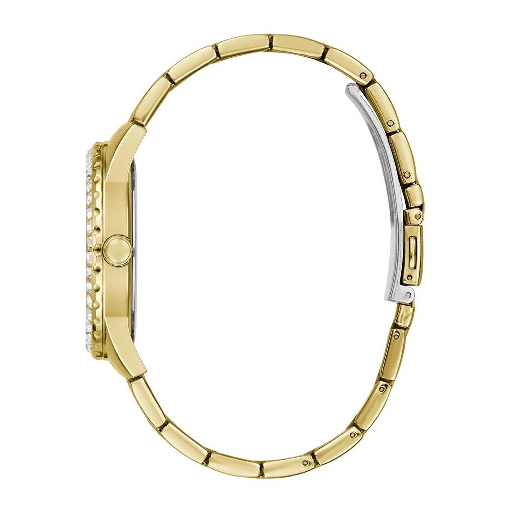 Side view of Guess Sparkler women's watch showing gold link bracelet strap