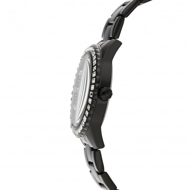 Side view of Guess Sparkler watch showing black stainless steel case and bracelet