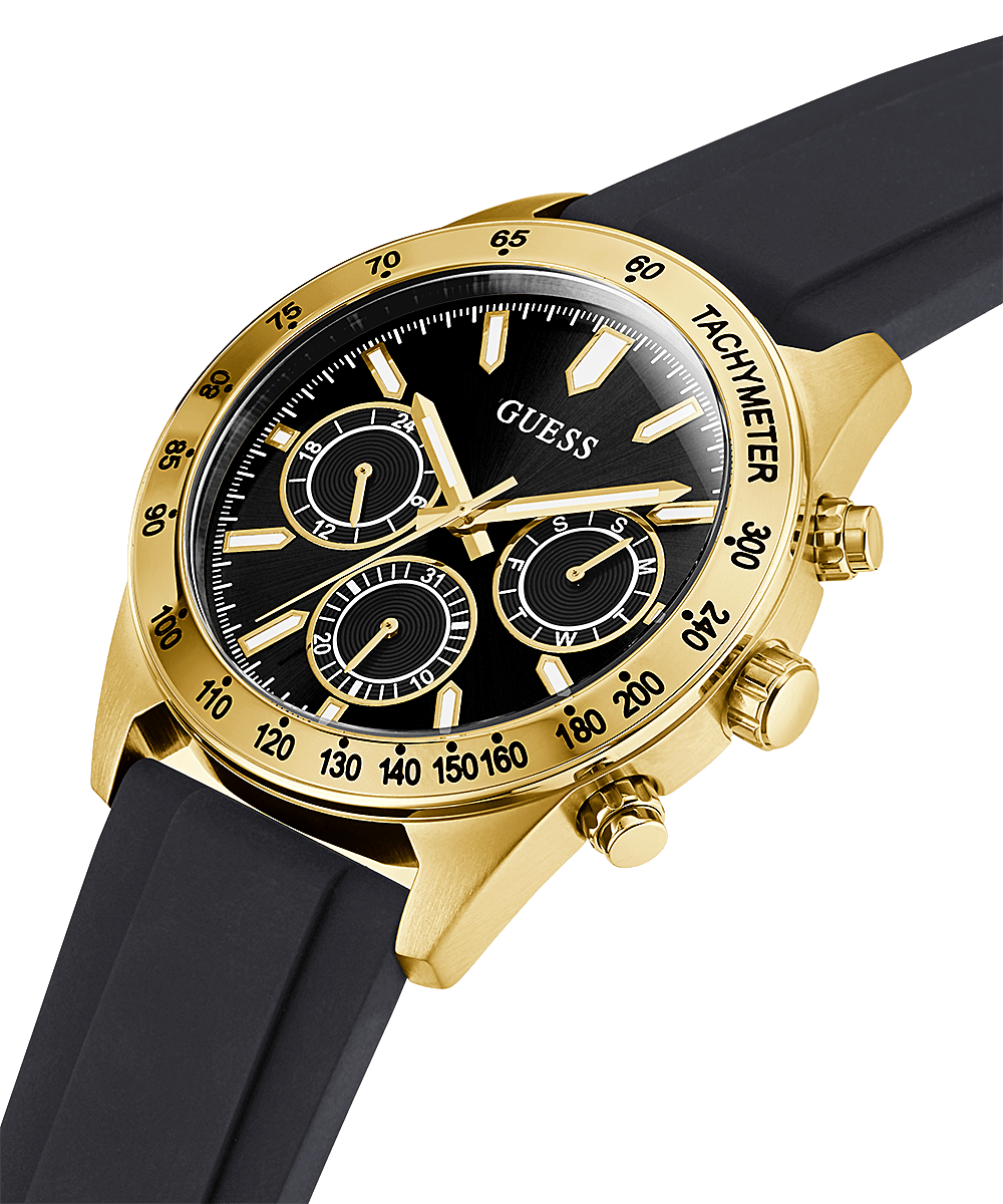Guess Sport chronograph watch on angle showing gold case, black dial with subdials, and black strap