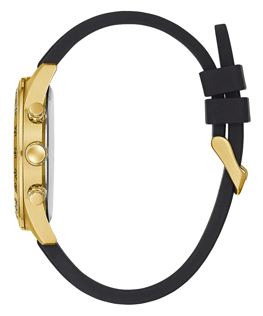Side view of Guess Sport watch showing gold-tone case, chronograph pushers, and black silicone strap
