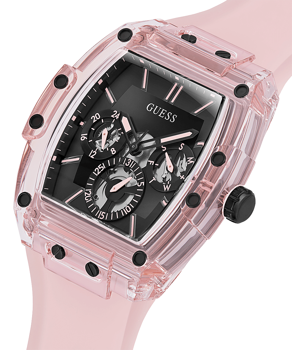 Angled view of Guess Sporting Pink Limited Edition watch with transparent pink case and black dial