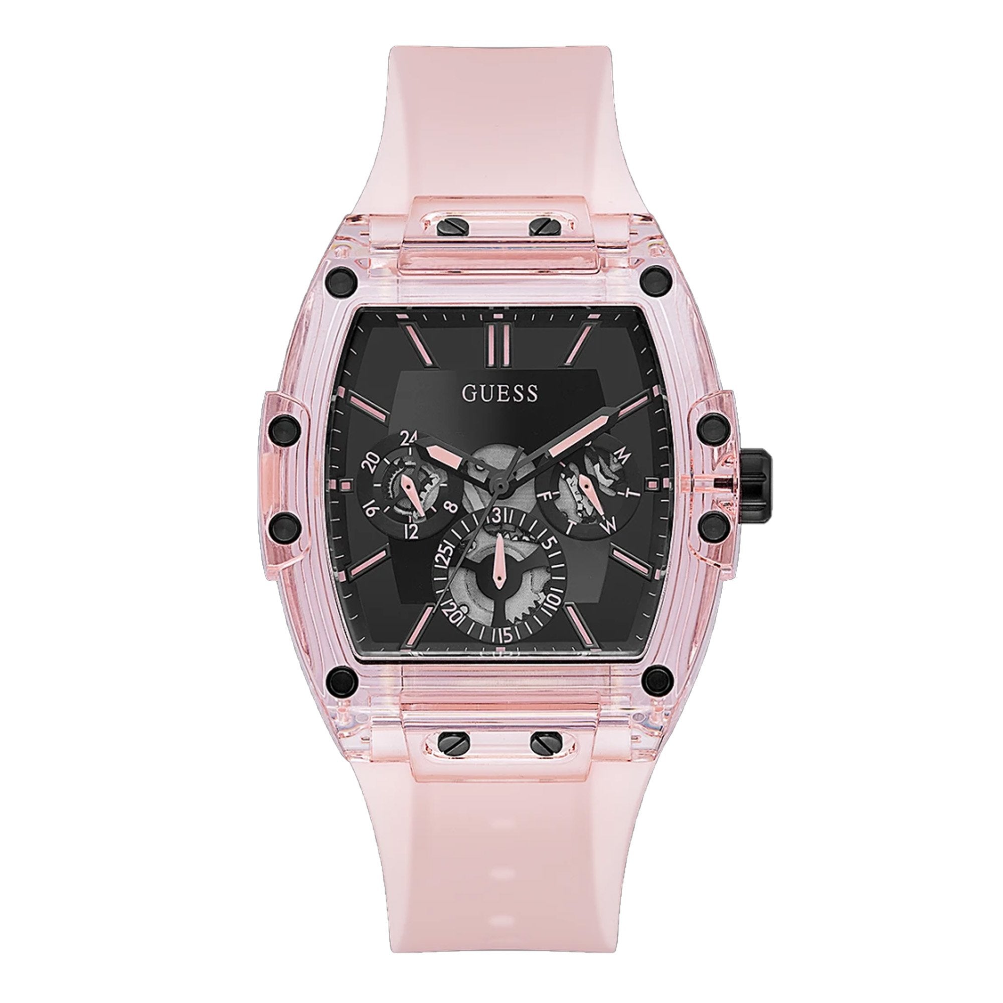 Guess Sporting Pink Limited Edition men's watch with pink transparent case and black dial
