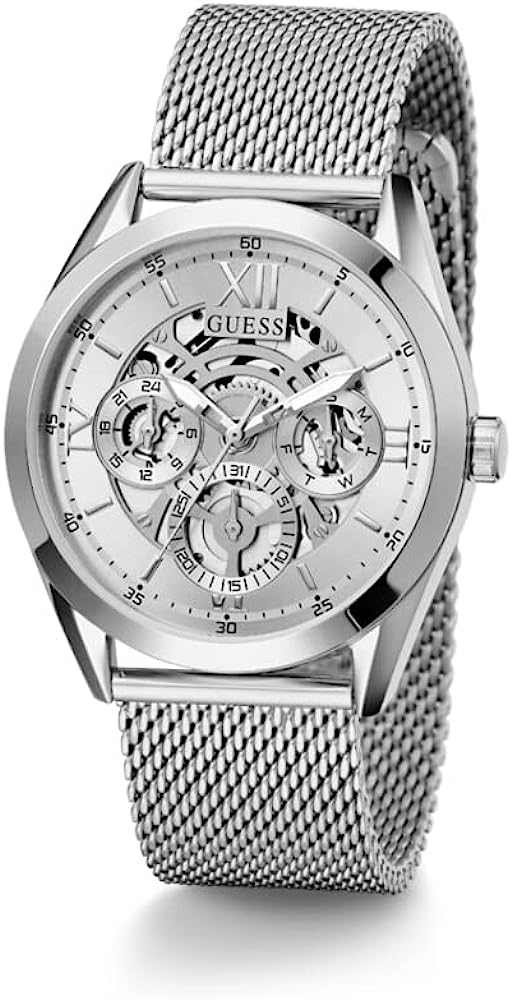 Guess Tailor silver tone men's watch with skeleton dial and mesh bracelet strap