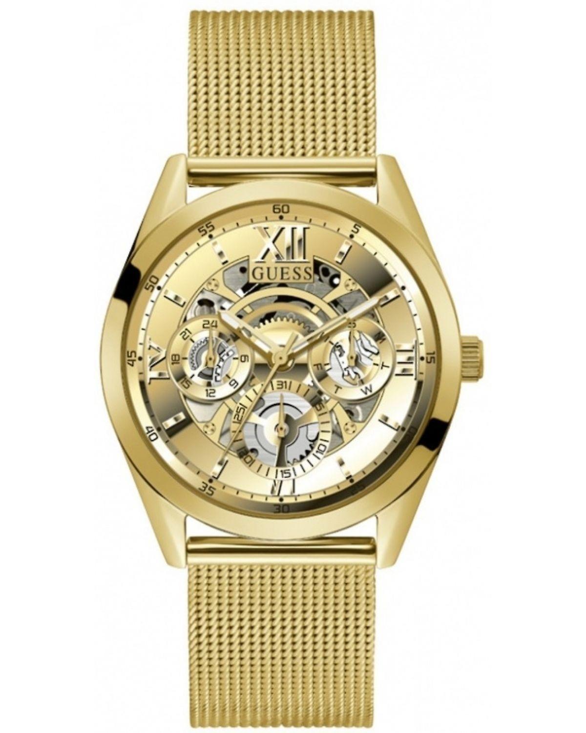 Guess Tailor gold tone men's watch with skeleton dial and mesh strap
