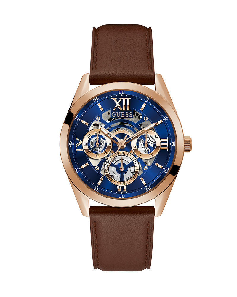 Guess Tailor men's watch with blue dial, rose gold case, and brown leather strap
