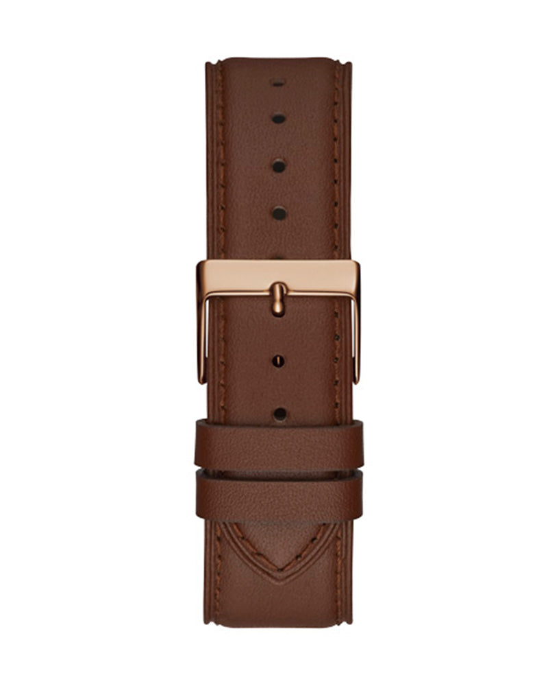 Brown leather strap with rose gold buckle and keeper loop detail