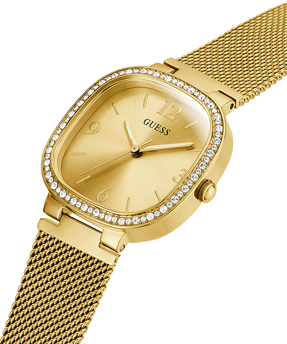 Guess Tapestry gold square watch on wrist showing champagne dial and crystal-set bezel